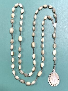Large Antique Mother of Pearl Rosary France Hand Carved Mary Madonna on Pendant